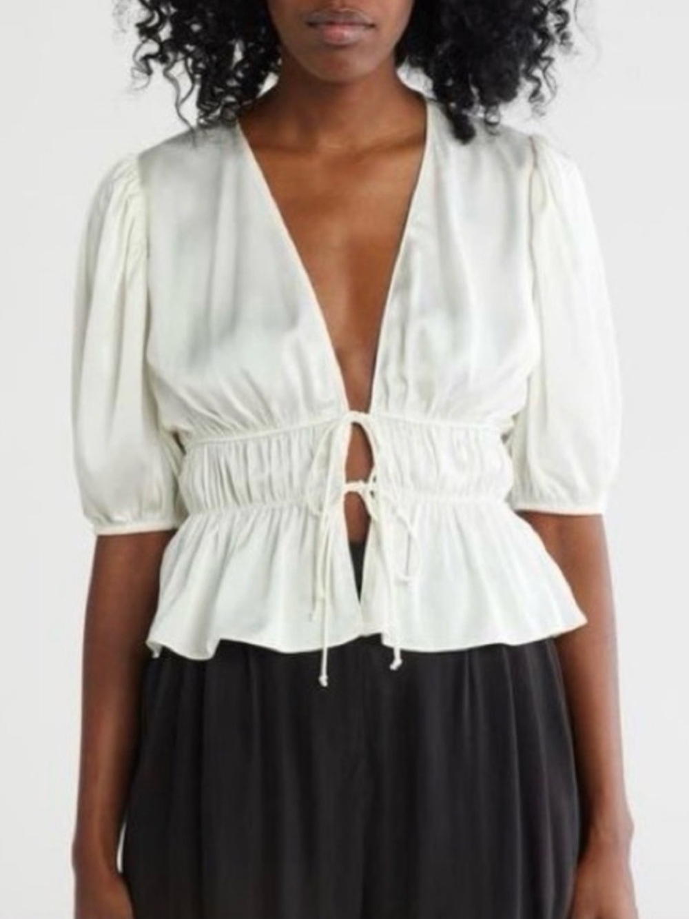 Nordstrom Wayf White Satin V-Neck Cinched Peplum Blouse